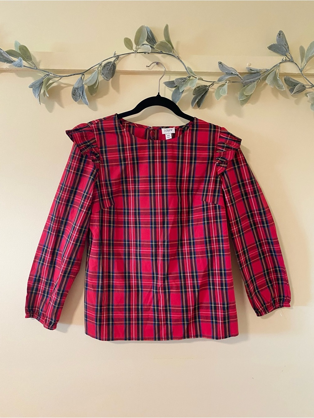 J. Crew Red Plaid Ruffle-Shoulder Long-Sleeve Top